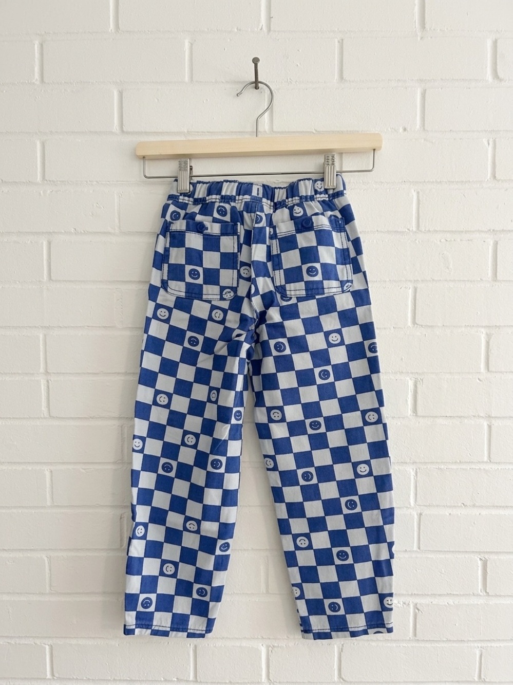 Old Navy Kids 5T Blue Checkerboard Smiley Face Barrel Leg Pants Drawstring NWT - Picture 2 of 4